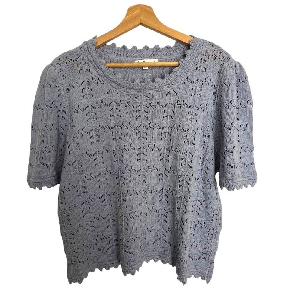 Sam Edelman Sweater XL Blue Pointelle Knit Puff Sleeve Scalloped Crochet Boho
